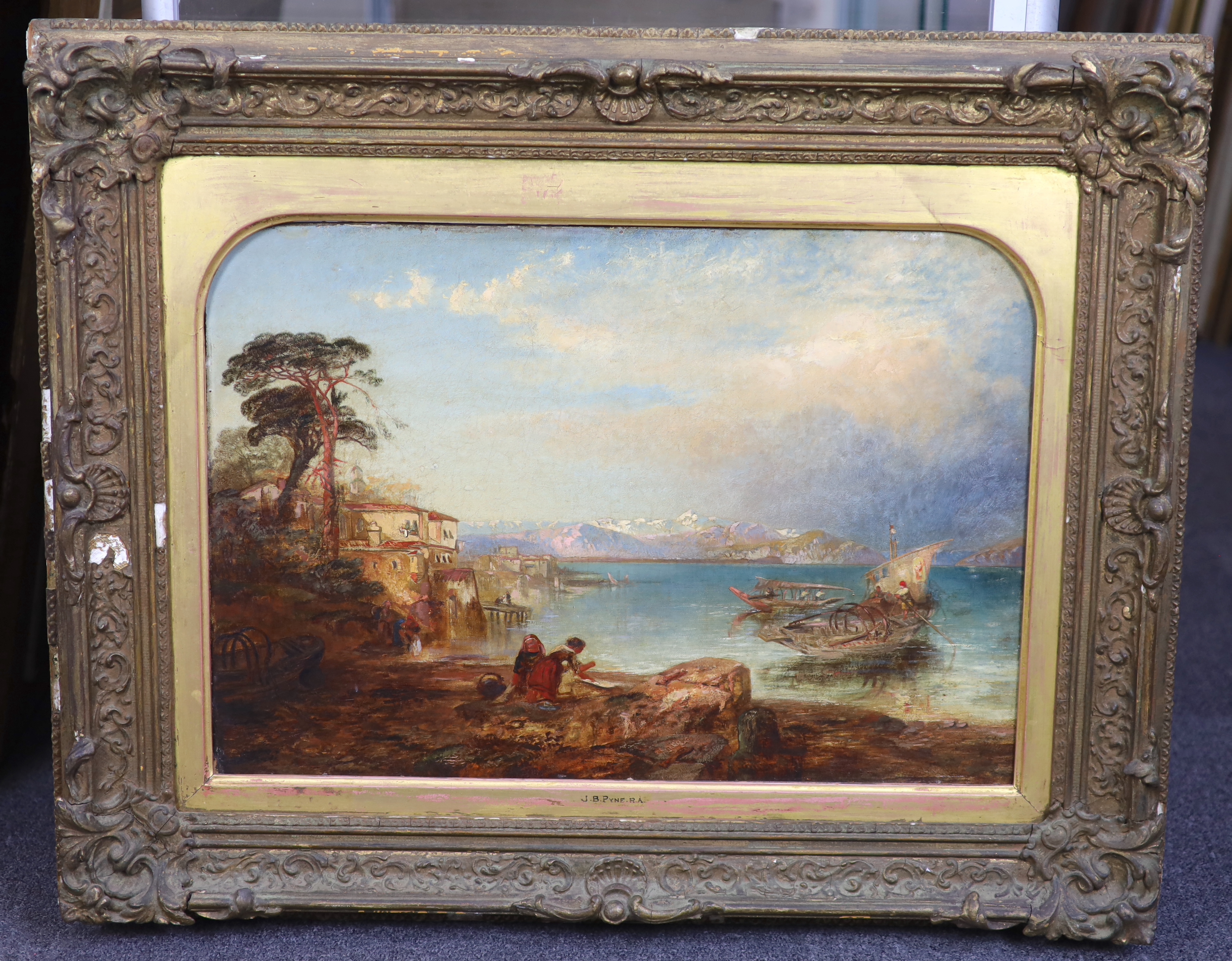 Attributed to James Baker Pyne (1800-1870), oil on board, Italian coastal landscape with gondolas, inscribed to the mount, 37 x 55cm